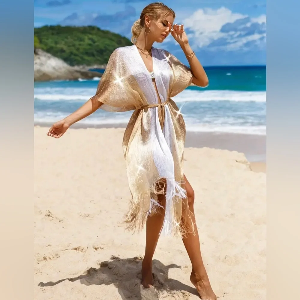 Passion Ombré Beachwear Kimono Colorblock Tassel Cover Up